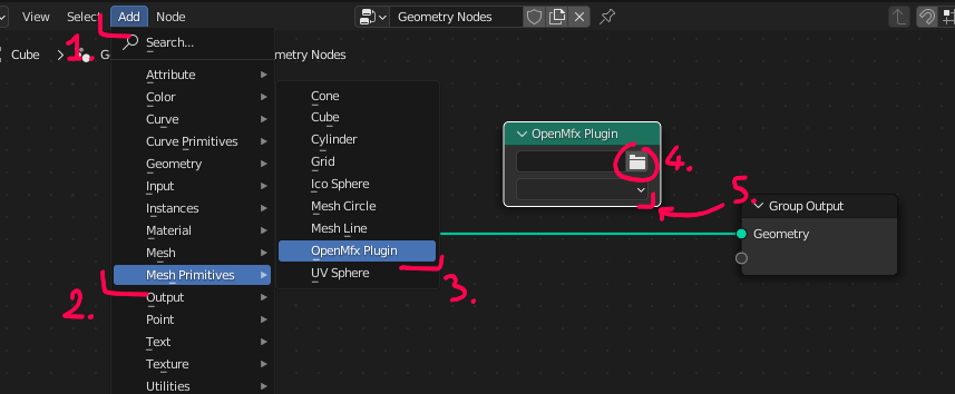 Adding an OpenMfx node from the Add / Mesh Primitives / OpenMfx plugin button