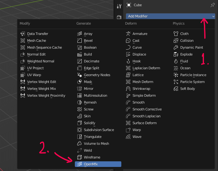The OpenMfx modifier in the modifier list