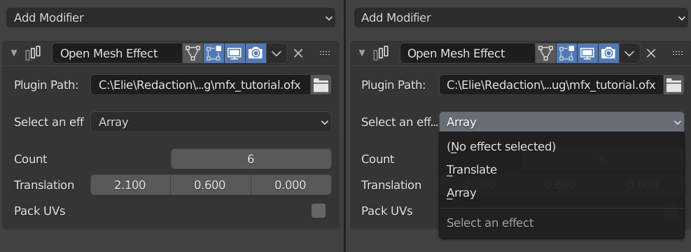 Our plugin once loaded in Blender. It contains a 'Translate' and an 'Array' effects.